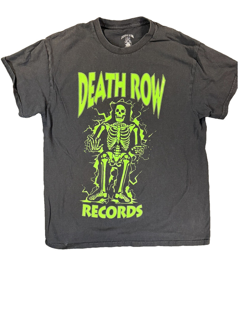 Death Row Records Skeleton Electric Chair Graphic T Shirt Mens M Black Neon Gree